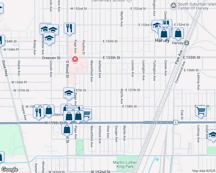 map of restaurants, bars, coffee shops, grocery stores, and more near 15623 Ashland Avenue in Harvey