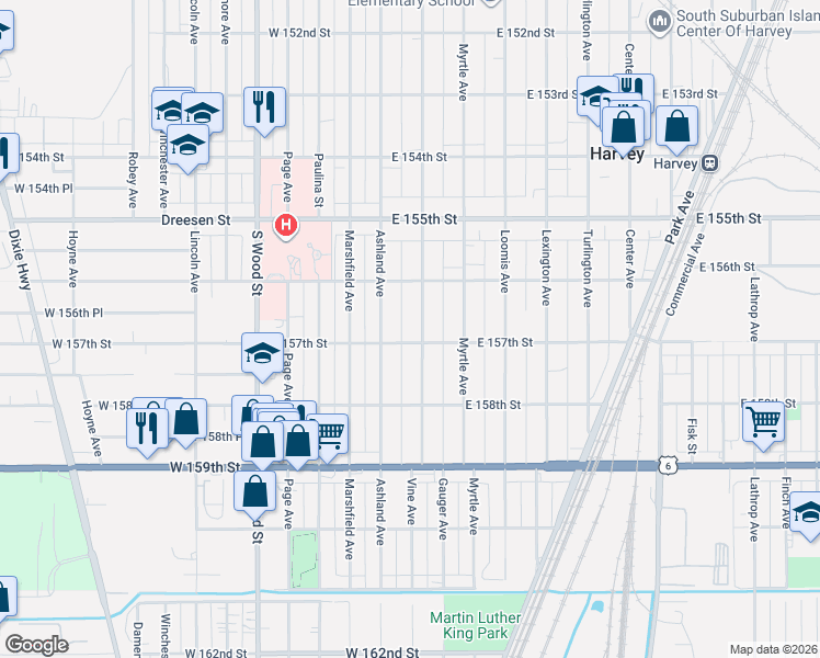 map of restaurants, bars, coffee shops, grocery stores, and more near 15623 Ashland Avenue in Harvey
