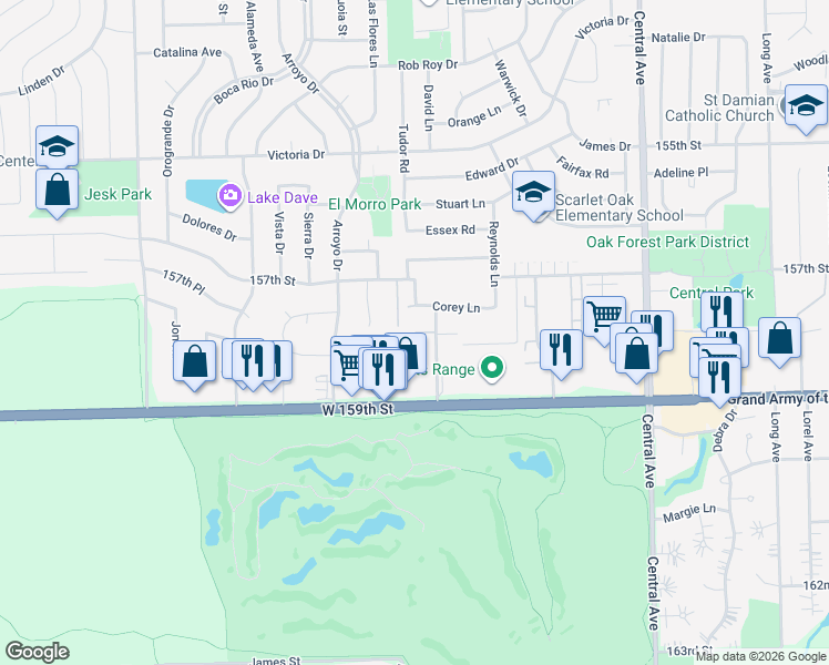 map of restaurants, bars, coffee shops, grocery stores, and more near 15728 Terrace Drive in Oak Forest