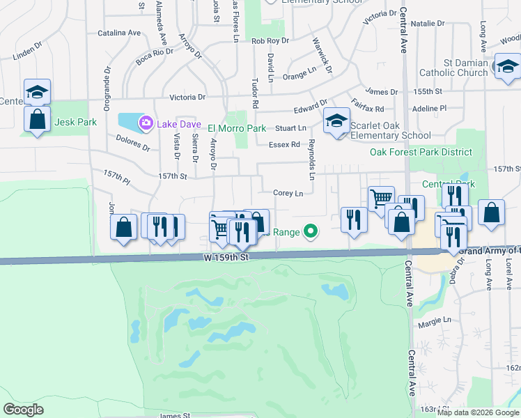 map of restaurants, bars, coffee shops, grocery stores, and more near 15728 Terrace Drive in Oak Forest