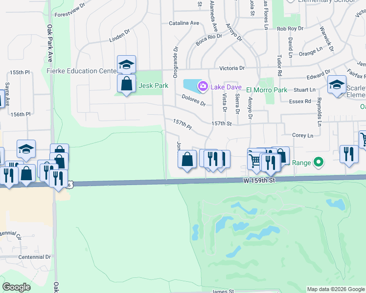 map of restaurants, bars, coffee shops, grocery stores, and more near 15747 Jon Road in Oak Forest