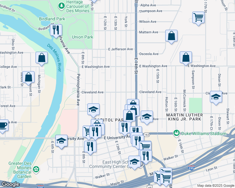 map of restaurants, bars, coffee shops, grocery stores, and more near 1411 East 13th Street in Des Moines
