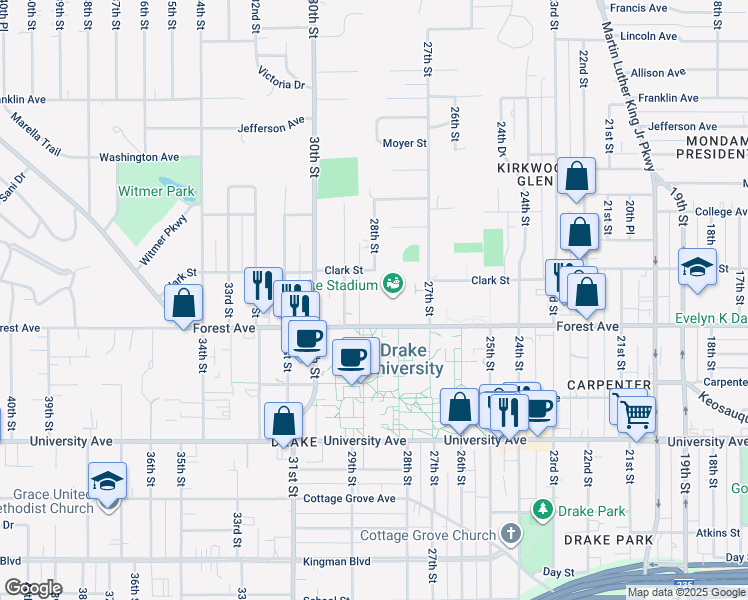 map of restaurants, bars, coffee shops, grocery stores, and more near 1446 28th Street in Des Moines