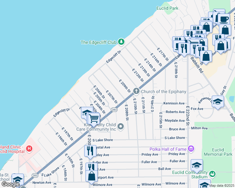 map of restaurants, bars, coffee shops, grocery stores, and more near 130 East 208th Street in Euclid