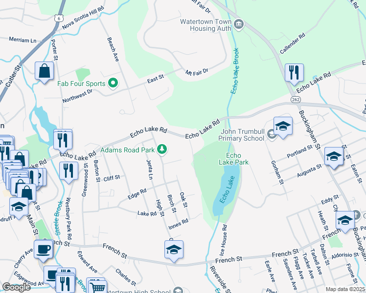 map of restaurants, bars, coffee shops, grocery stores, and more near 480 Echo Lake Road in Watertown
