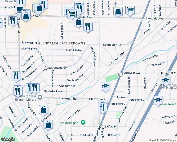 map of restaurants, bars, coffee shops, grocery stores, and more near 1816 Strathmoor Avenue in Toledo