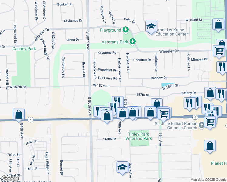 map of restaurants, bars, coffee shops, grocery stores, and more near 7818 West 157th Street in Orland Park