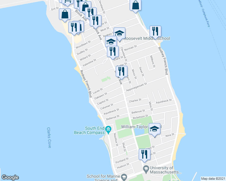 map of restaurants, bars, coffee shops, grocery stores, and more near 41 Oaklawn Street in New Bedford