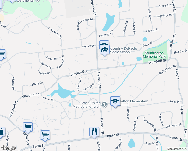 map of restaurants, bars, coffee shops, grocery stores, and more near 517 Woodruff Street in Southington