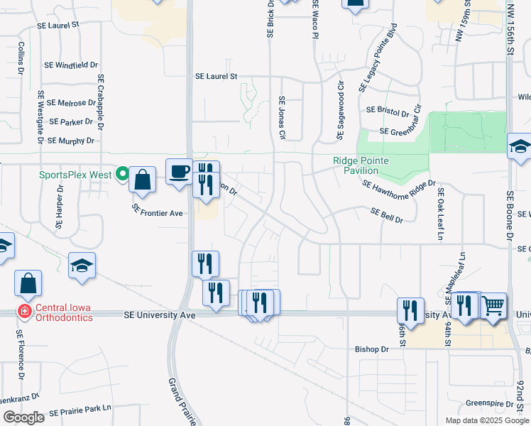 map of restaurants, bars, coffee shops, grocery stores, and more near Southeast Olson Drive in Waukee