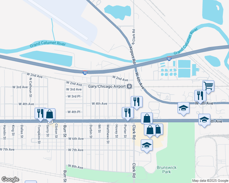 map of restaurants, bars, coffee shops, grocery stores, and more near 324 Hovey Street in Gary
