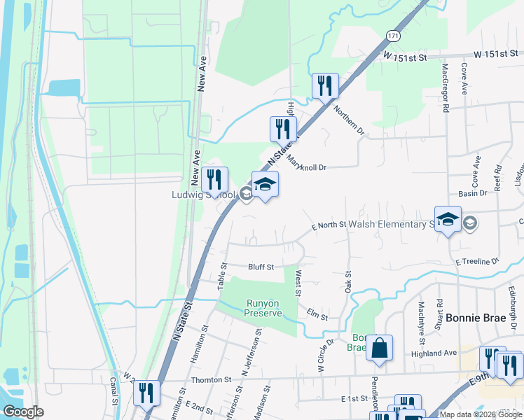 map of restaurants, bars, coffee shops, grocery stores, and more near 710 N State St in Lockport