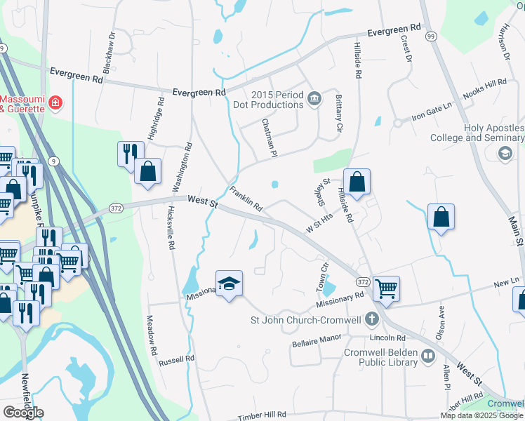 map of restaurants, bars, coffee shops, grocery stores, and more near 106 West Street Terrace in Cromwell