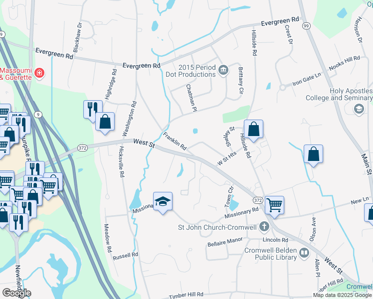 map of restaurants, bars, coffee shops, grocery stores, and more near 100 West Street Terrace in Cromwell