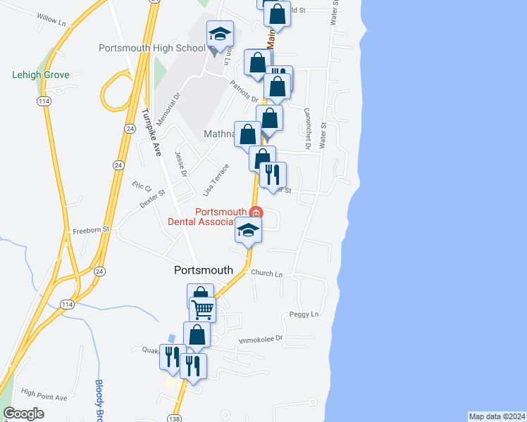 map of restaurants, bars, coffee shops, grocery stores, and more near 2803 East Main Road in Portsmouth