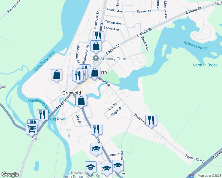 map of restaurants, bars, coffee shops, grocery stores, and more near 57 Ashland Street in Griswold