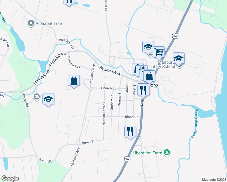 map of restaurants, bars, coffee shops, grocery stores, and more near 6 Orchard Street in Marlboro