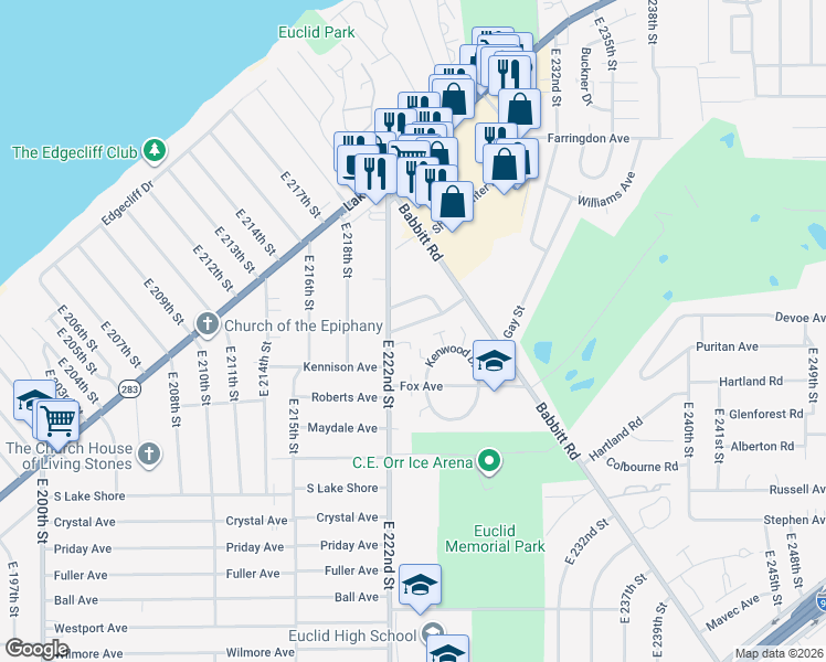 map of restaurants, bars, coffee shops, grocery stores, and more near 351 East 222nd Street in Euclid