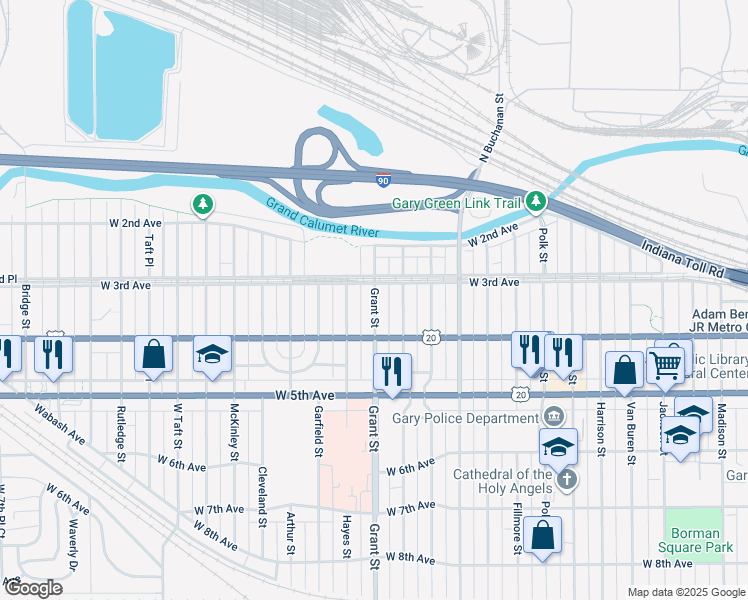 map of restaurants, bars, coffee shops, grocery stores, and more near 300 Grant Street in Gary