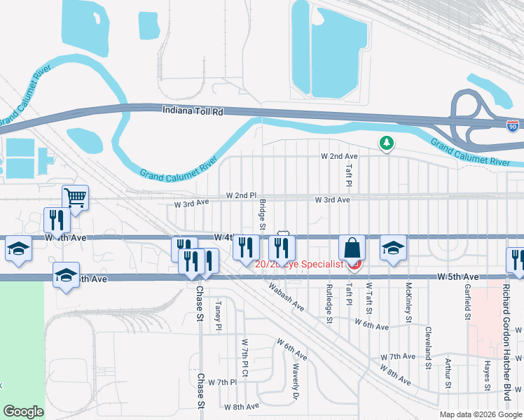 map of restaurants, bars, coffee shops, grocery stores, and more near 292-298 Bridge Street in Gary