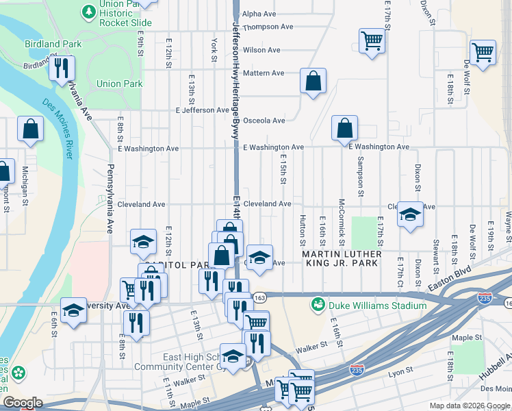 map of restaurants, bars, coffee shops, grocery stores, and more near 1409 East 14th Street in Des Moines