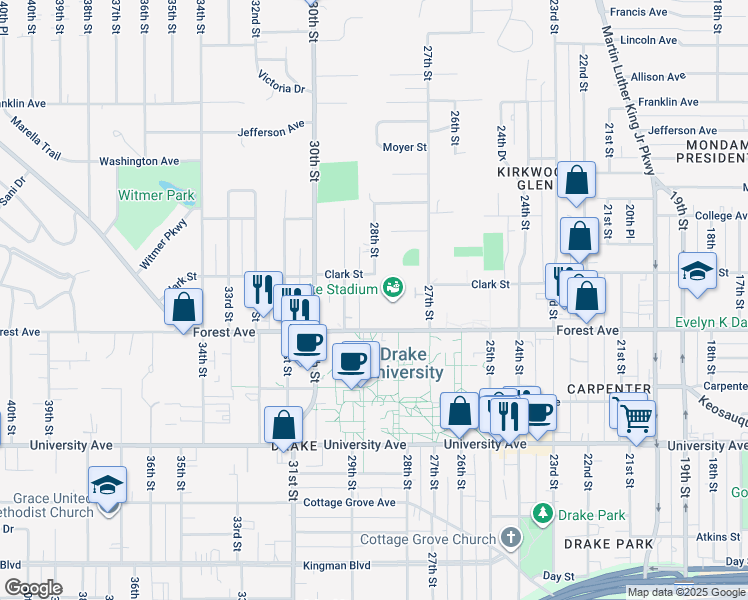 map of restaurants, bars, coffee shops, grocery stores, and more near 1446 28th Street in Des Moines