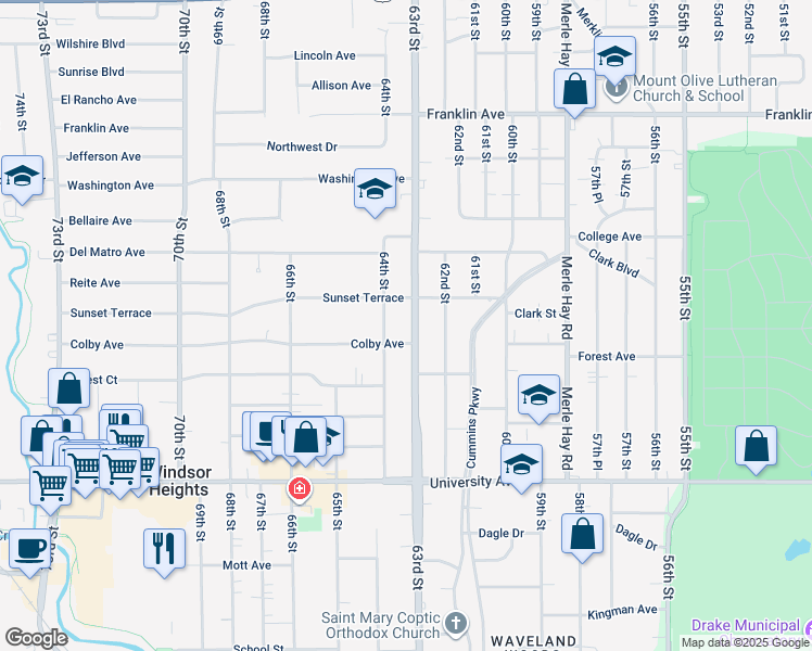 map of restaurants, bars, coffee shops, grocery stores, and more near 1443 63rd Street in Des Moines