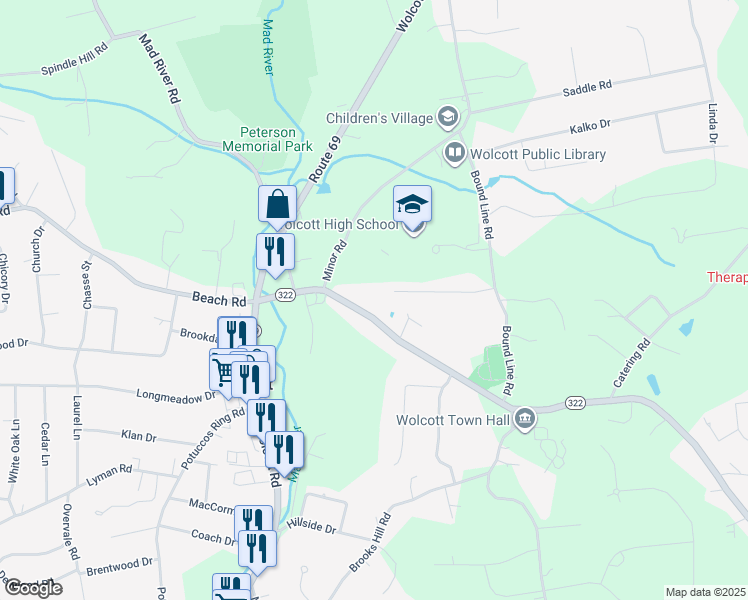 map of restaurants, bars, coffee shops, grocery stores, and more near 58 Orchard Lane in Wolcott