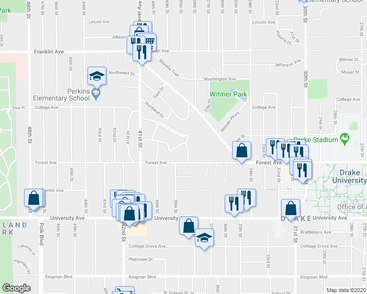 map of restaurants, bars, coffee shops, grocery stores, and more near 3818 Lanewood Drive in Des Moines