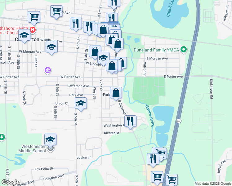 map of restaurants, bars, coffee shops, grocery stores, and more near 622 South Calumet Road in Chesterton