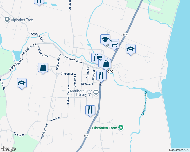 map of restaurants, bars, coffee shops, grocery stores, and more near 1 King Street in Marlboro