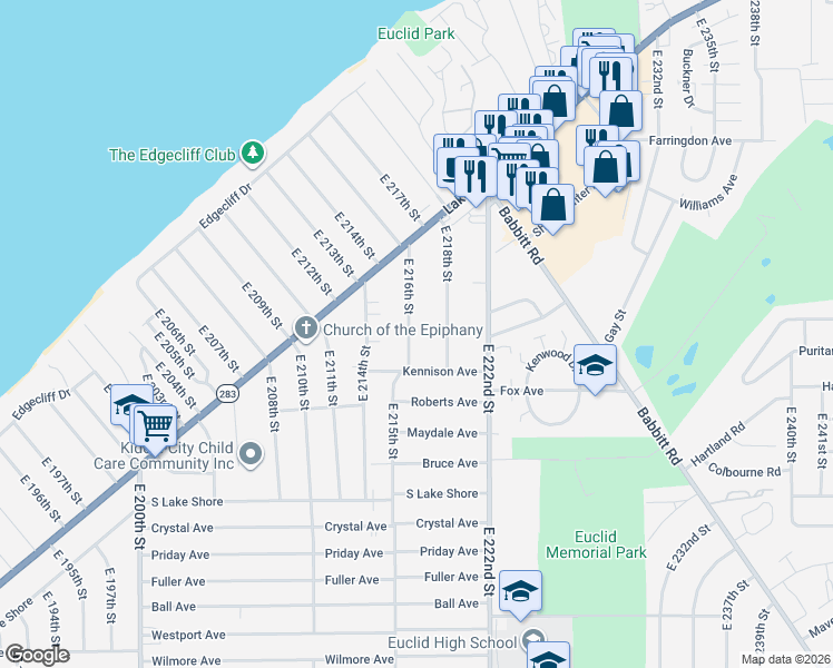 map of restaurants, bars, coffee shops, grocery stores, and more near 271 East 216th Street in Euclid