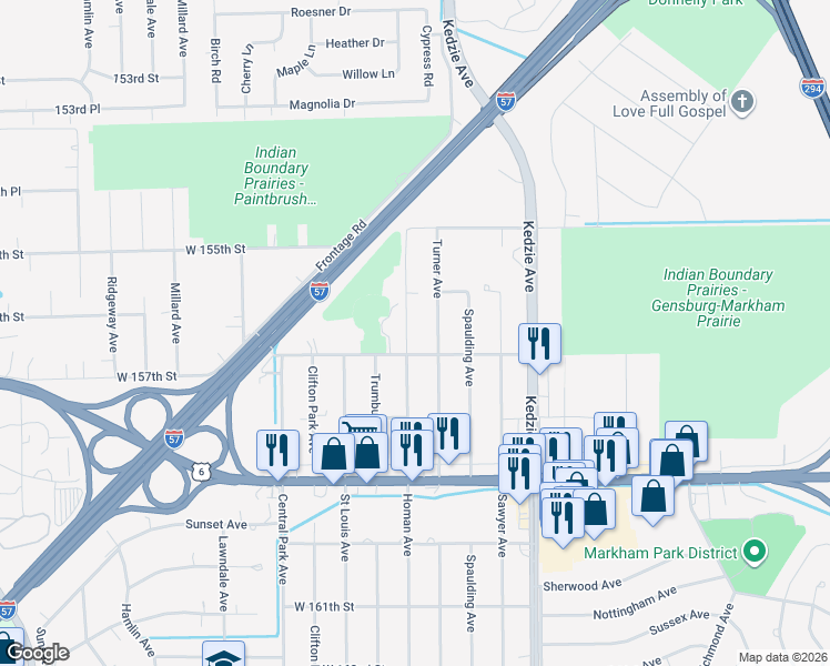 map of restaurants, bars, coffee shops, grocery stores, and more near 15619 Homan Avenue in Markham