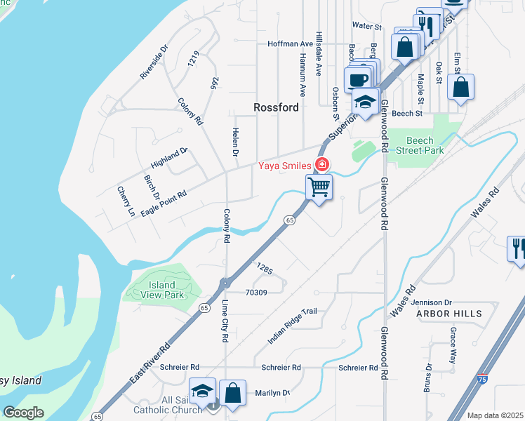 map of restaurants, bars, coffee shops, grocery stores, and more near 333 Hillside Drive in Rossford