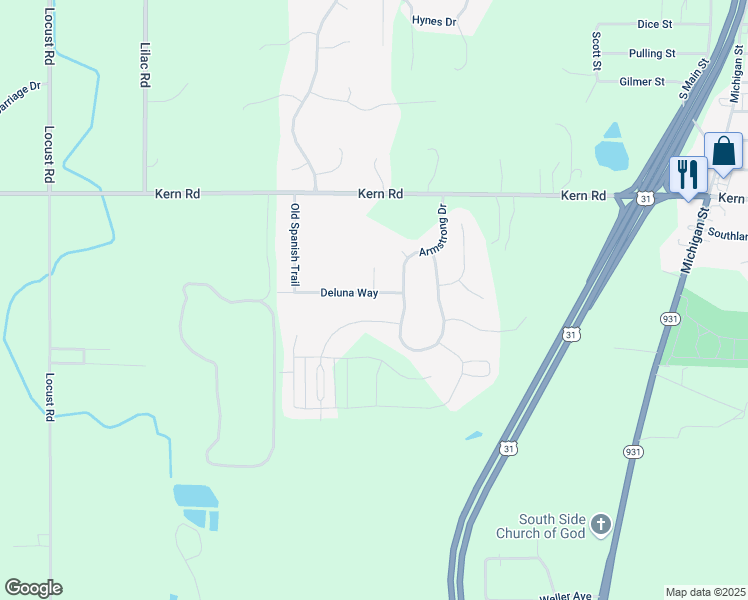 map of restaurants, bars, coffee shops, grocery stores, and more near 1320 Deluna Way in South Bend