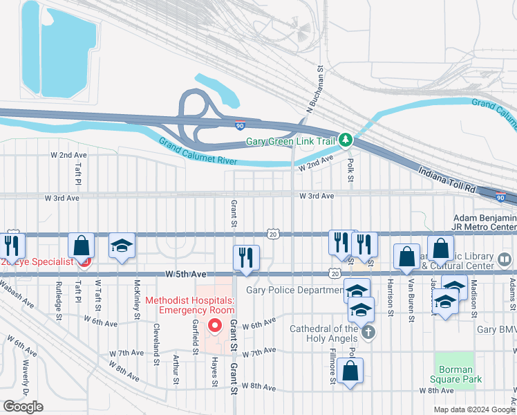 map of restaurants, bars, coffee shops, grocery stores, and more near 327 Johnson Street in Gary