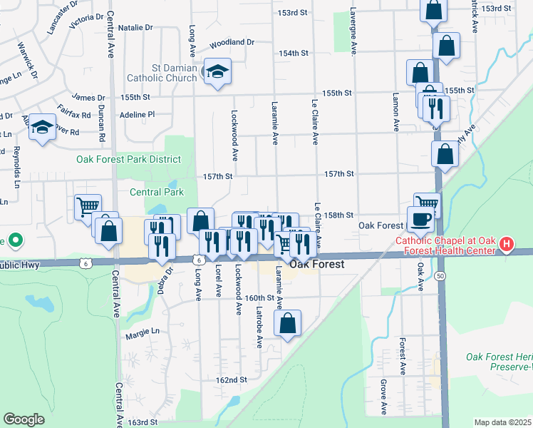 map of restaurants, bars, coffee shops, grocery stores, and more near 15802 Laramie Avenue in Oak Forest