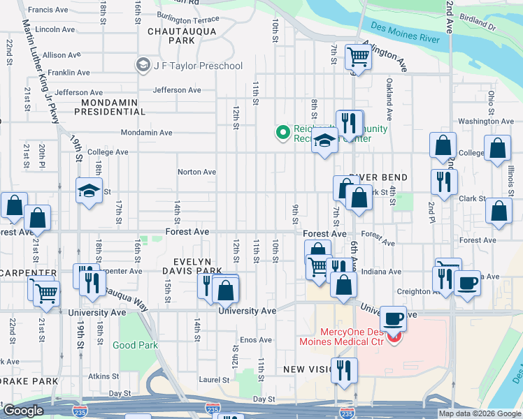 map of restaurants, bars, coffee shops, grocery stores, and more near 1441 11th Street in Des Moines