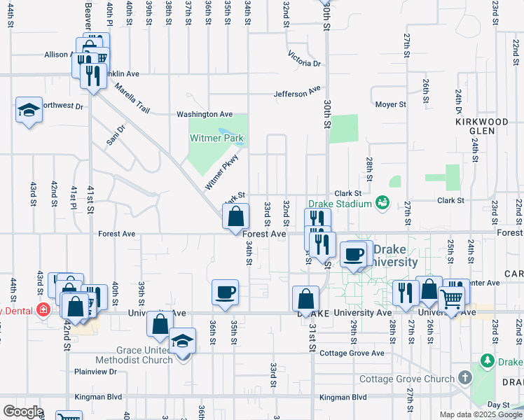 map of restaurants, bars, coffee shops, grocery stores, and more near 1441 34th Street in Des Moines
