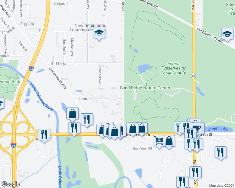 map of restaurants, bars, coffee shops, grocery stores, and more near 1 158th Place in Calumet City