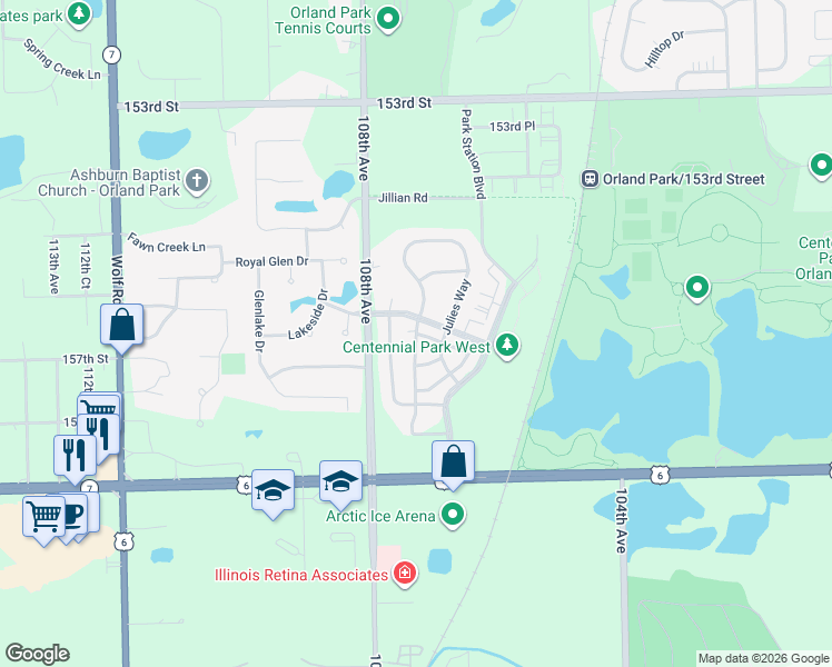 map of restaurants, bars, coffee shops, grocery stores, and more near 15637 Scotsglen Road in Orland Park