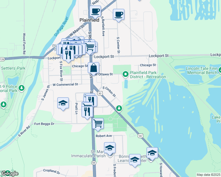 map of restaurants, bars, coffee shops, grocery stores, and more near 15305 South Corbin Street in Plainfield