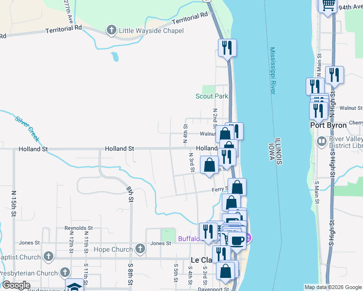 map of restaurants, bars, coffee shops, grocery stores, and more near 701-799 N 4th St in Le Claire