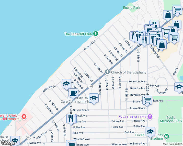 map of restaurants, bars, coffee shops, grocery stores, and more near 130 East 208th Street in Euclid