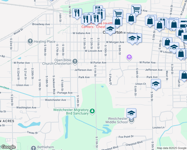 map of restaurants, bars, coffee shops, grocery stores, and more near 624 South 11th Street in Chesterton
