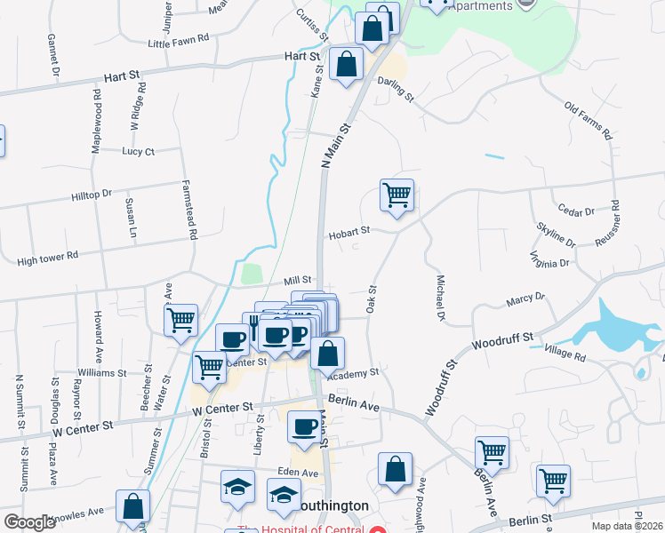 map of restaurants, bars, coffee shops, grocery stores, and more near 173 North Main Street in Southington