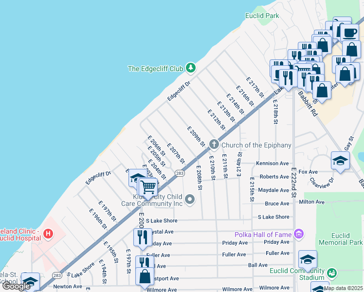 map of restaurants, bars, coffee shops, grocery stores, and more near 130 East 208th Street in Euclid