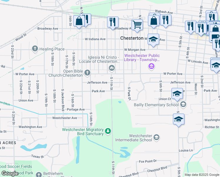 map of restaurants, bars, coffee shops, grocery stores, and more near 624 South 11th Street in Chesterton