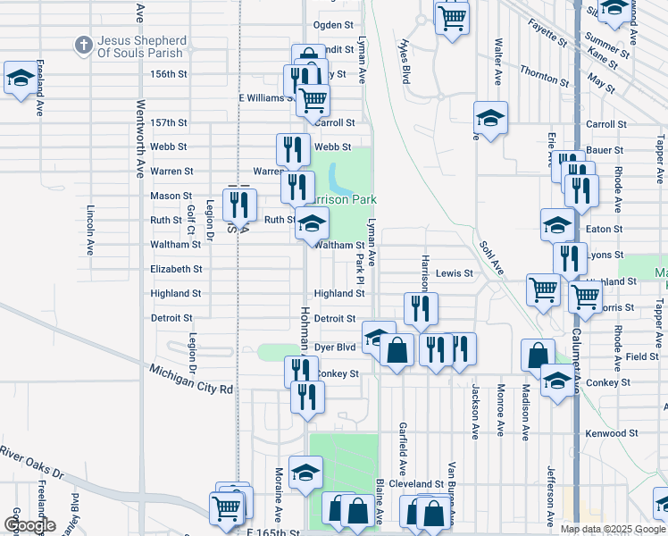 map of restaurants, bars, coffee shops, grocery stores, and more near 5935 Hyslop Place in Hammond