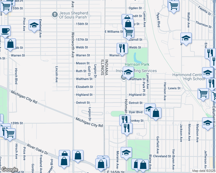 map of restaurants, bars, coffee shops, grocery stores, and more near 5 East Elizabeth Street in Hammond